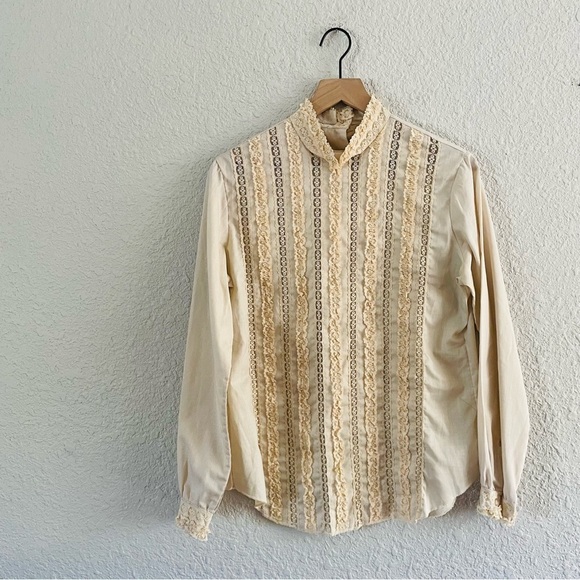 Vintage Tops - Vintage Cream Ruffle Lace Blouse